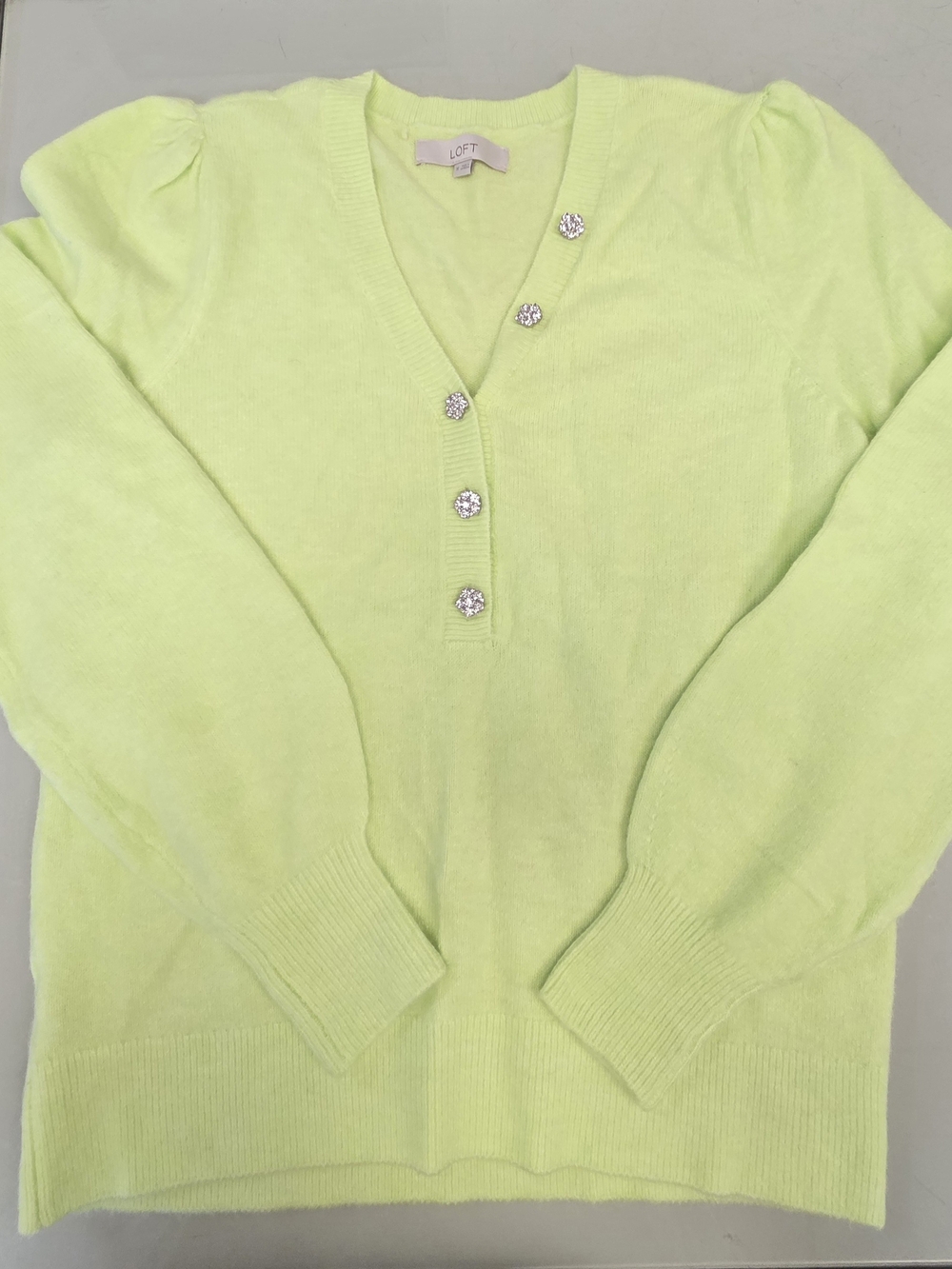 LOFT Lime Green V-Neck Sweater with Jeweled Buttons